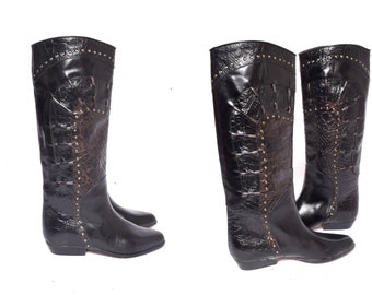 Vintage 90s Tall Brown Italian Snakeskin Alligator with Brass Studs