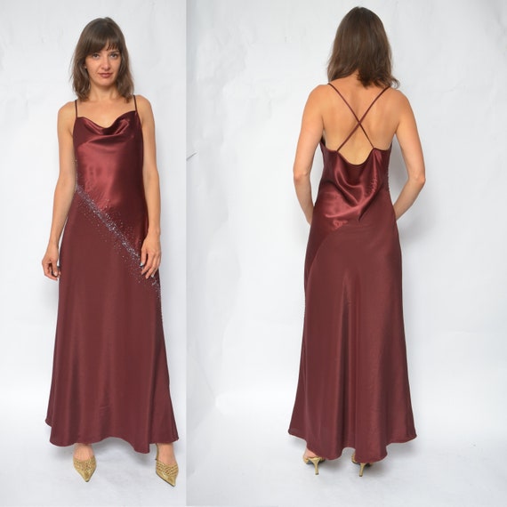 burgundy satin maxi dress