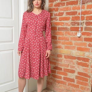 Vintage 90s Floral Button Dress – Long Sleeve, Light Burgundy – Size Medium