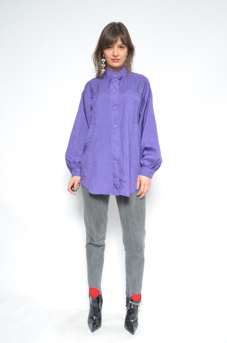 Big Sleeve Button Blouse Vintage 80s Oversized Silk Like Long Sleeve Purple Shirt Large Sleeve Top Size Extra Large