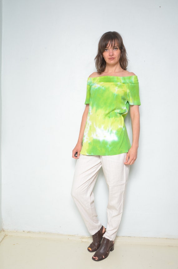 Tie Dye Off The Shoulder Top Vintage 90s Schouderloze Korte Mouw Blouse Maat XL Etsy Nederland
