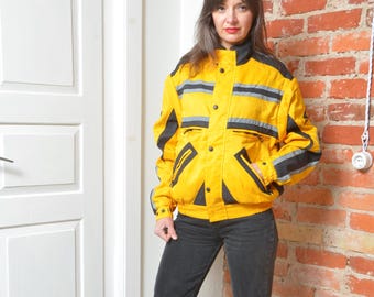 Vintage 90s Spyke Motorcycle Jacket Removable Sleeves Yellow Moto Racing Jacket Medium