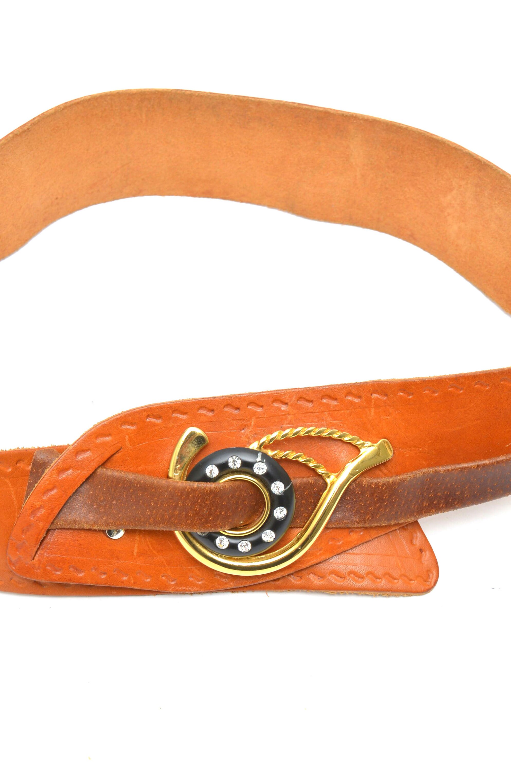 Vintage Brown Leather Wide Belt Gold Rhinestone by Robinia Size 80/Small Vintage Wide Brown Leather Belt With Golden Rhinestones  main image 2