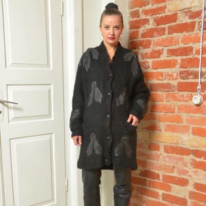 Vintage 80s Black Mohair Cardigan With Leather Appliqué – Size