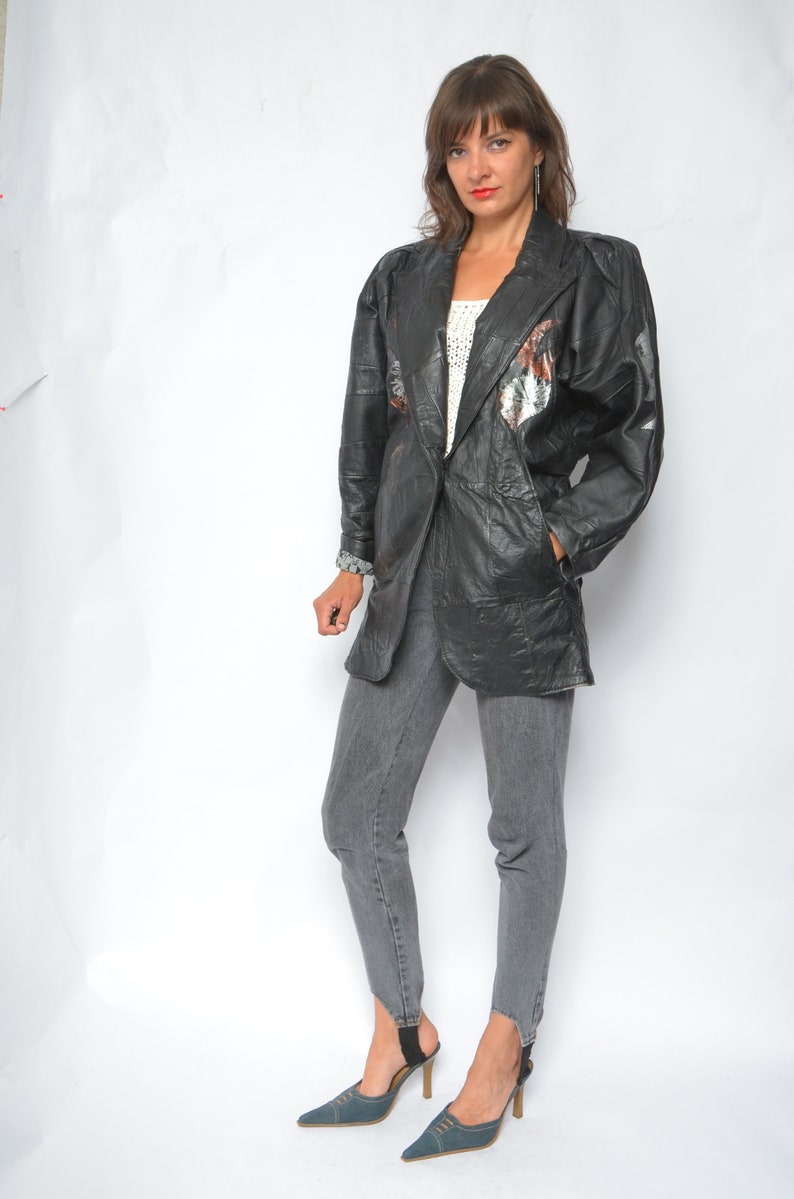 Patchwork Real Leather Oversized Jacket Vintage 80s Big Sleeve One Button Embellished batwing Genuine Leather Jacket Size Small