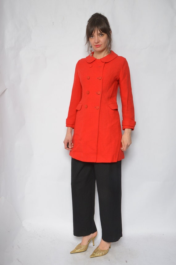 Bright Red Button Coat / Vintage 70s Wool Tailored