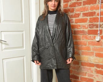 Vintage oversized leren jas jaren 80 | Zwarte double-breasted jas | Maat Large