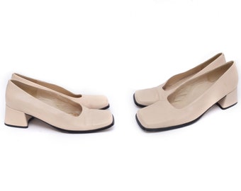Zapatos de tacón grueso de piel auténtica vintage de los años 90 / Zapatos de tacón con punta cuadrada de piel auténtica beige