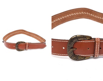 Vintage 90's Wide Brown Leather Belt with Brass Buckle, White Stitch, and Rope Design