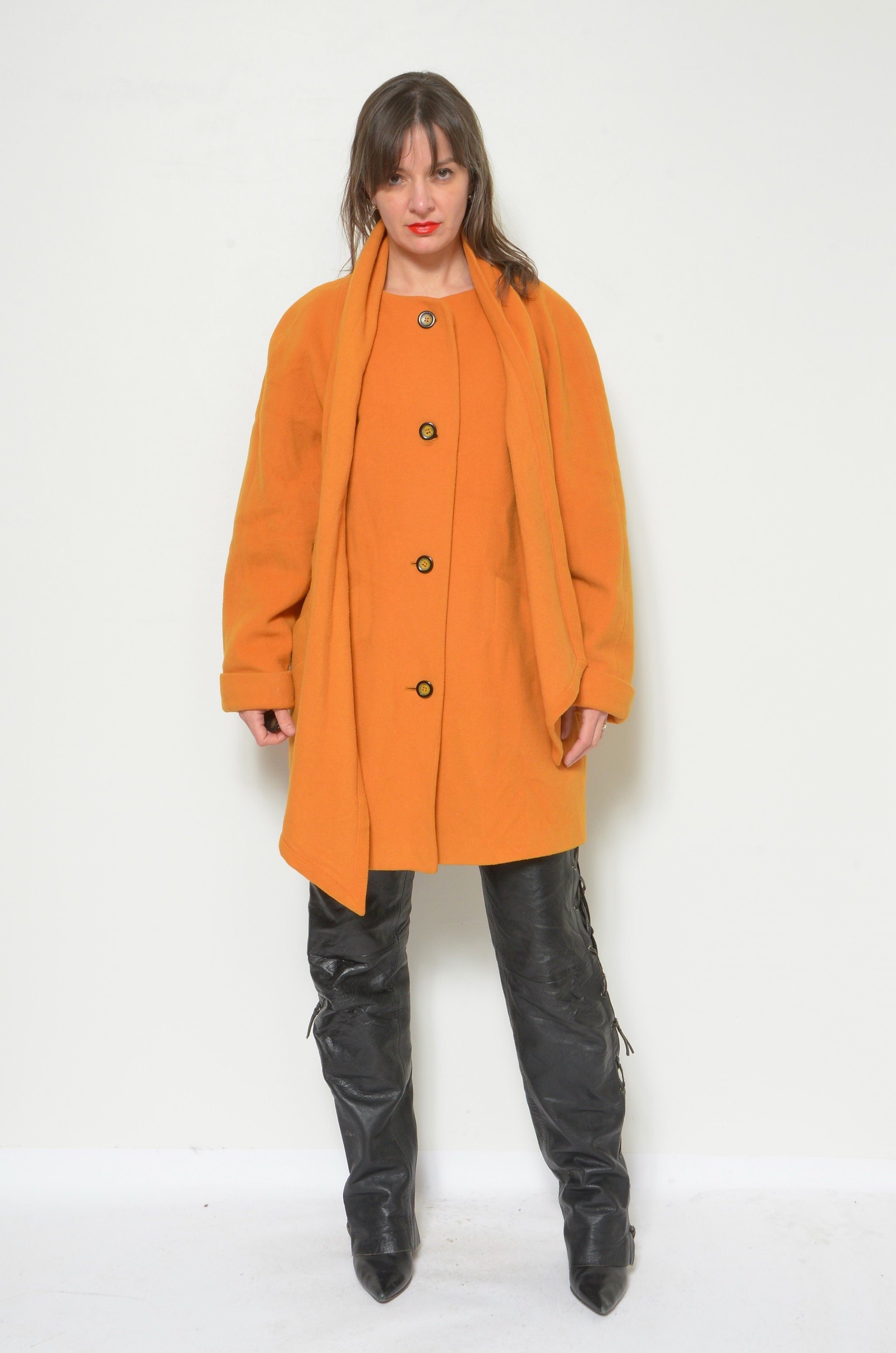 Wool Button Coat With Shawl Vintage 80s Orange Yellow Loose
