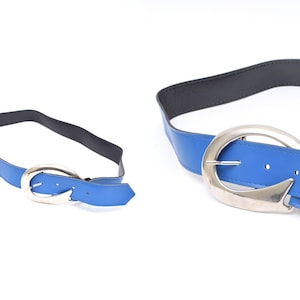 Vintage 1990&#39;s Blue Faux Leather Belt with Angular Oval Silver Metal Buckle