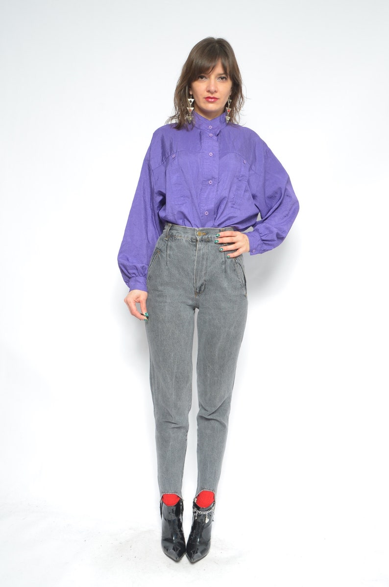 Big Sleeve Button Blouse Vintage 80s Oversized Silk Like Long Sleeve Purple Shirt Large Sleeve Top Size Extra Large