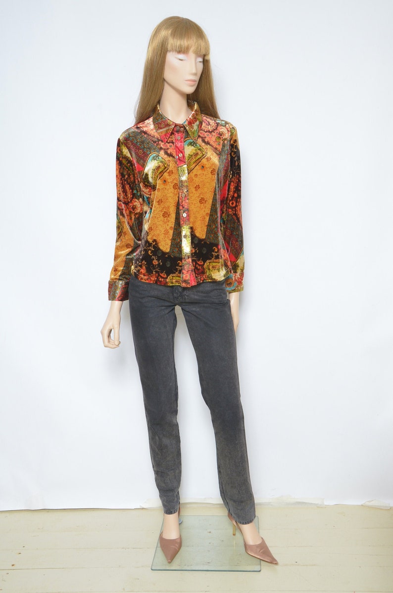 Velvet Button Top Vintage 90s Floral Colorful Long Sleeve Shirt Blouse Size Large