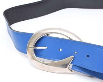 Vintage Blue Buckle Belt Faux Leather Oval Stretch Vintage 1990 main image 3
