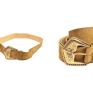 Vintage 90&#39;s Mustard Brown Suede Leather Belt with Decorative Gold Buckle