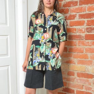 Vintage Oversized Floral Shirt – 80s Black Beige Button Down – Size Large