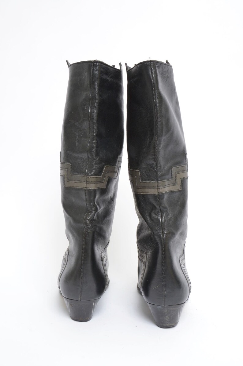 Vintage 80/'s Design Black Real Leather Boots with Gray Zig Zag Design