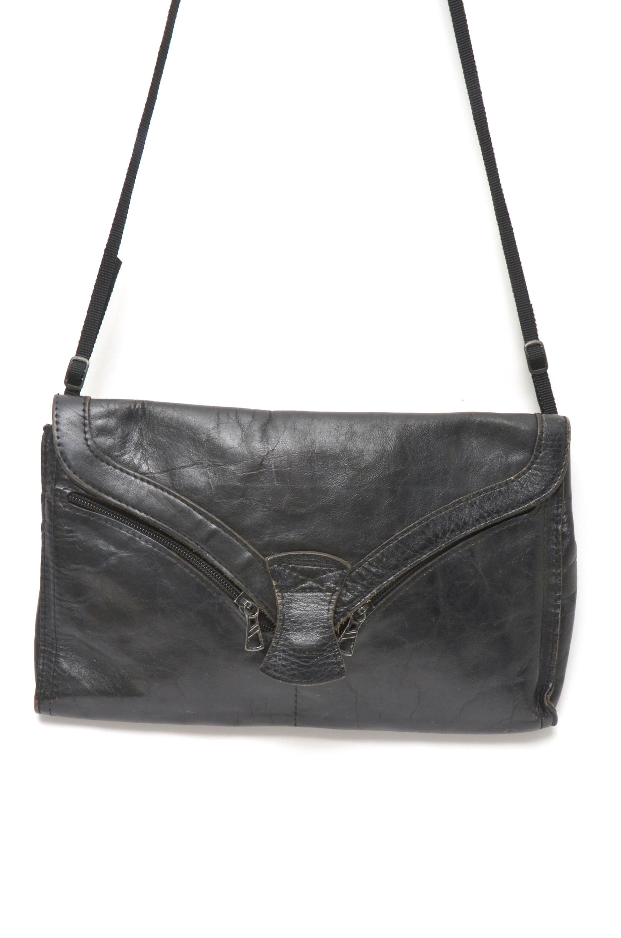 Vintage 90s Black Leather Shoulder Bag With Zipper Pockets - Etsy