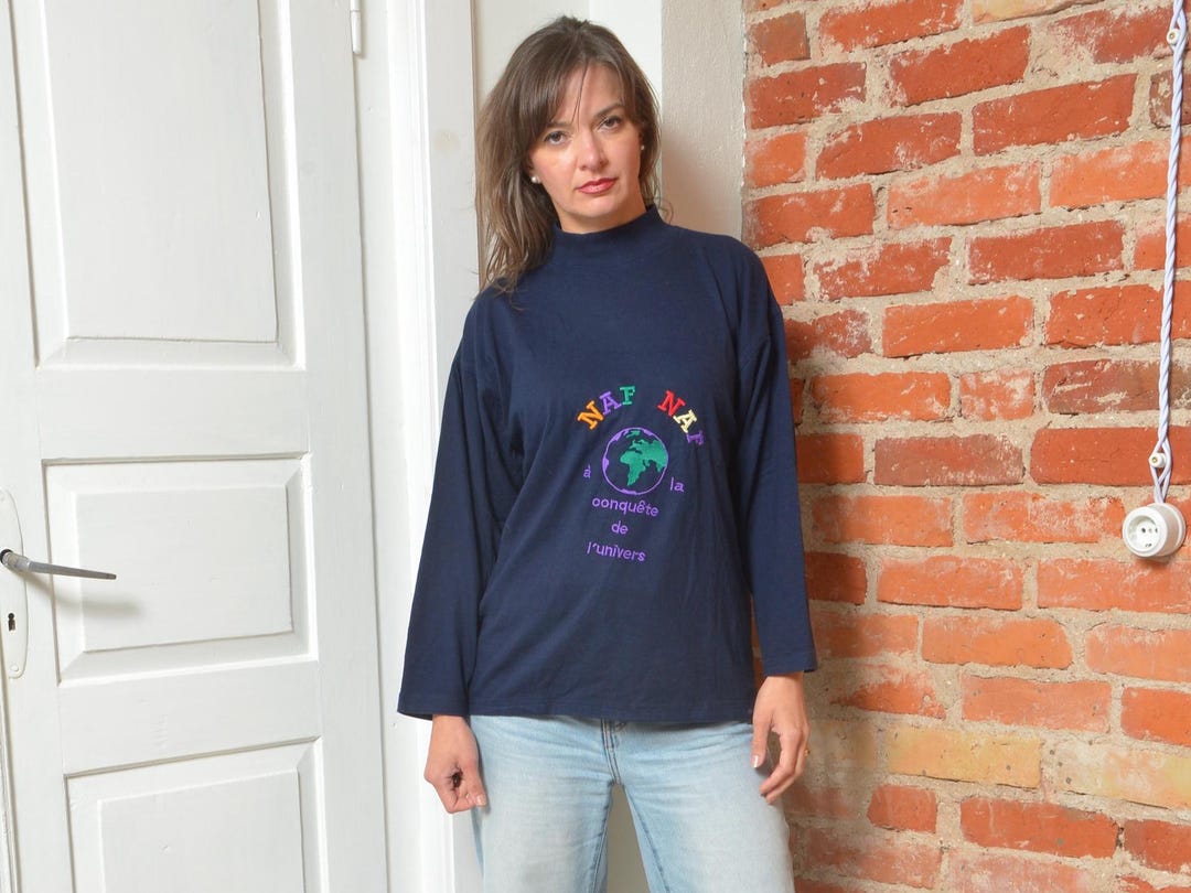 Vintage 90s Naf Naf Embroidered Navy Long Sleeve Top | Made in