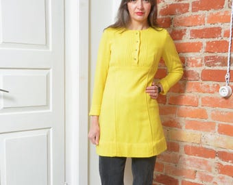 Vintage Yellow Mini Dress XS S 60s Mod Wool Shift Dress