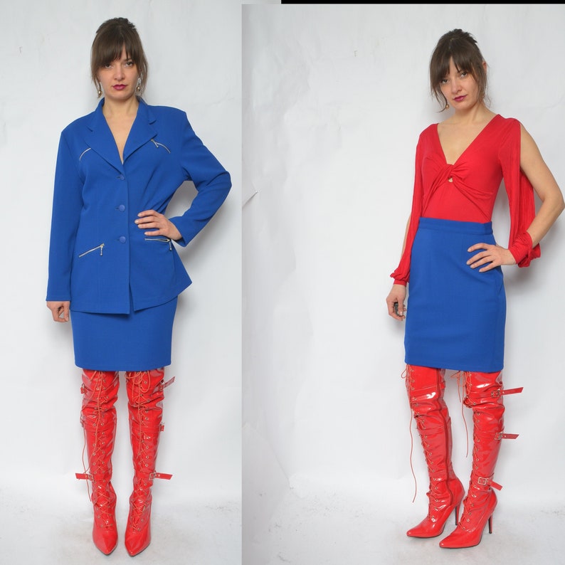 Two Piece Skirt Suit / Vintage 90s Blue Button Pocket Jacket And High Waist Skirt Matching Set Size Medium image 1