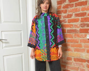Vintage 80s Oversized Multicolor Geometric Print Blouse Button Up Shirt Size XL