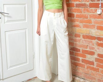 Vintage 80s Daniels Wide Leg Front Pleated Trousers White Pants Size M