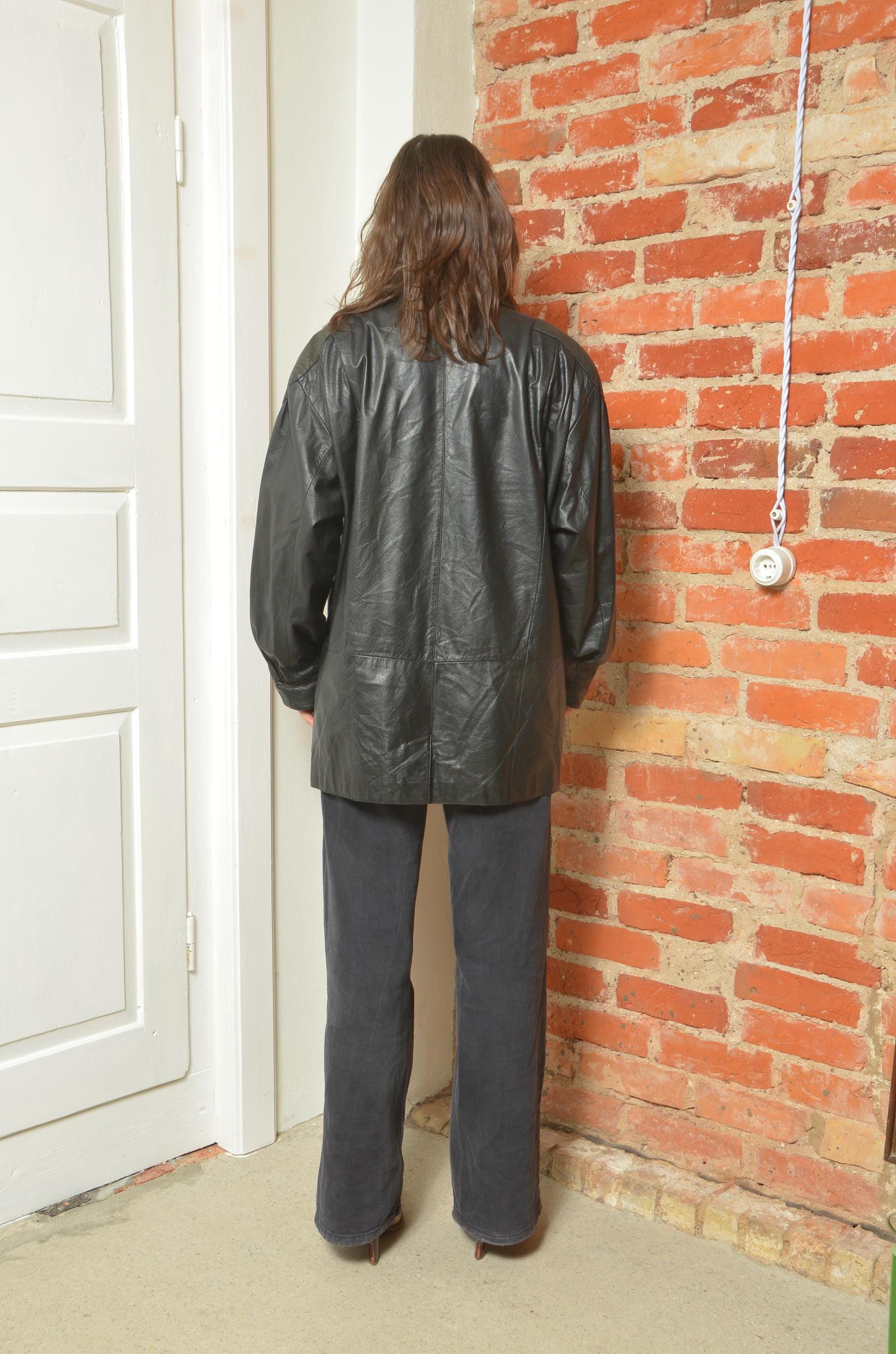 Vintage 80s Oversized Real Leather Blazer – Big Sleeves, Single