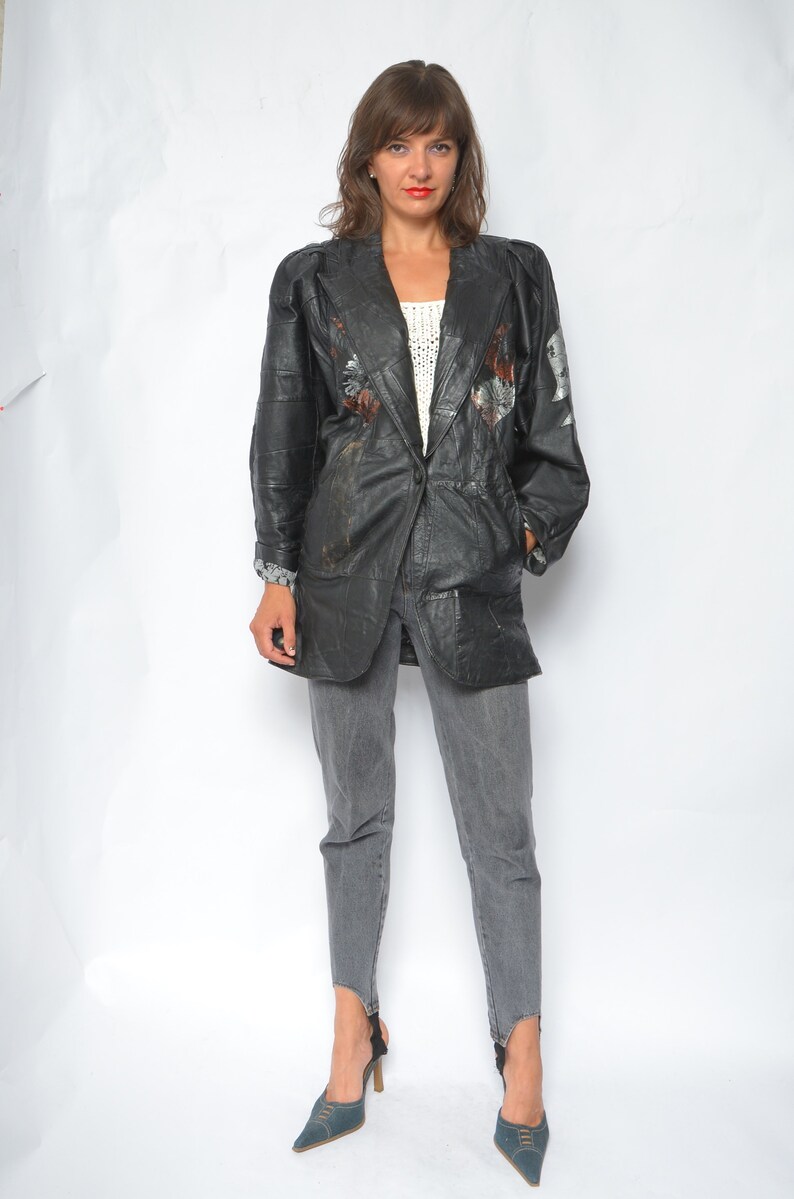 Patchwork Real Leather Oversized Jacket Vintage 80s Big Sleeve One Button Embellished batwing Genuine Leather Jacket Size Small