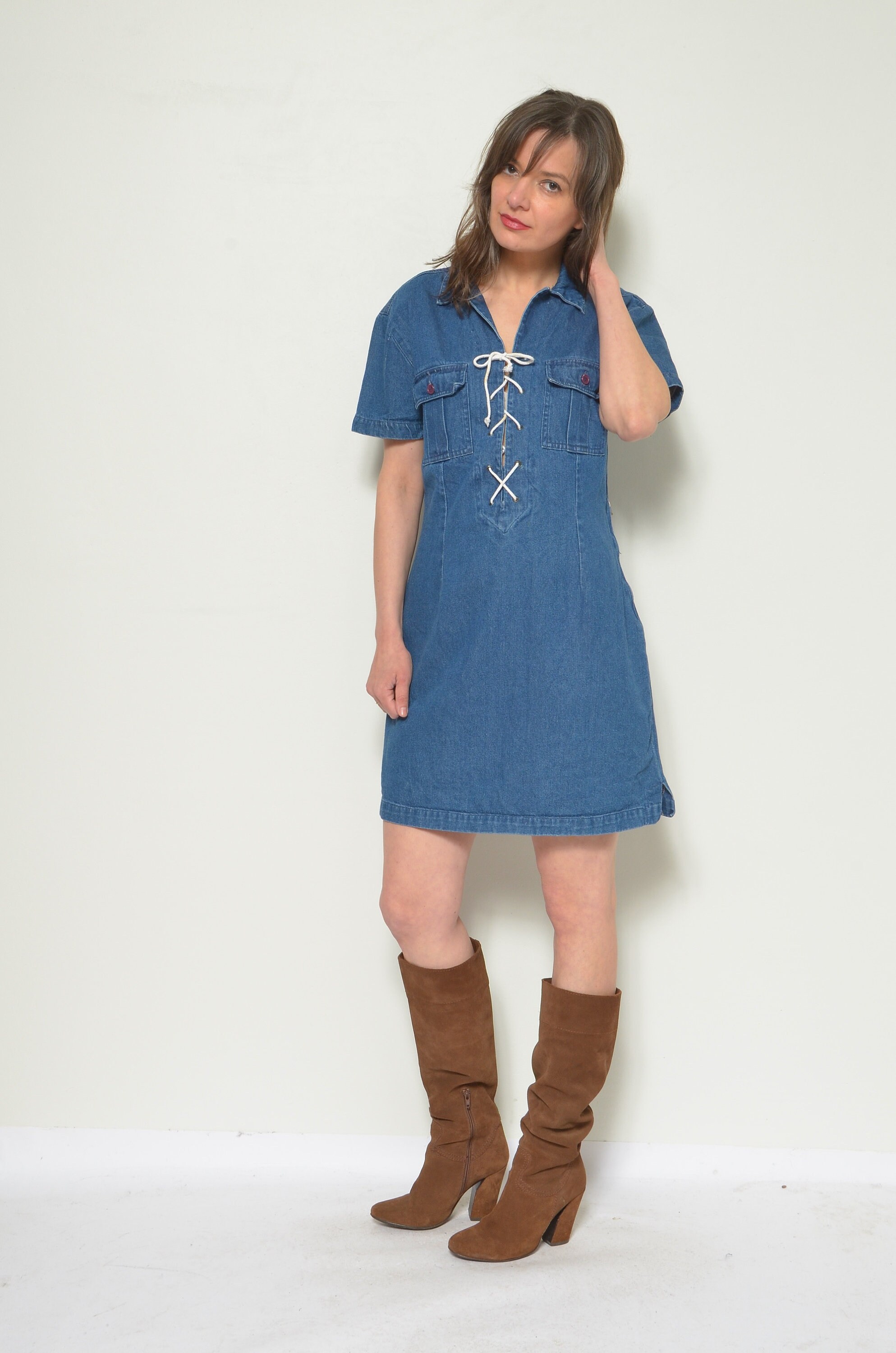 Vintage 90's Lace up Denim Dress / Short Sleeve Jean Mini