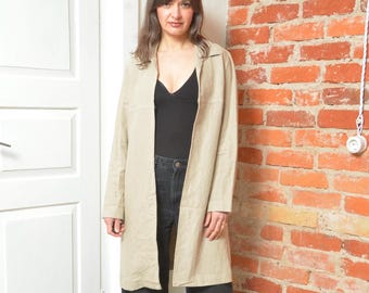 Vintage Linen Duster Jacket Women Small Minimalist Beige Long Layering Coat