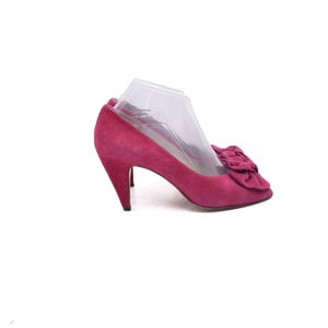 Vintage 80s Pink Suede Leather Open-Toe Heel Pumps – Bow Detail – Size 37.5 EU