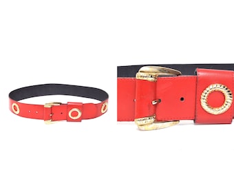 Vintage 80's Wide Red Leather Belt with Gold Buckle and Wreath Style Round Ornaments