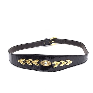 Vintage 90&#39;s Wide Shiny Black Patent Leather Belt with Gold Ornaments and Rhinestone