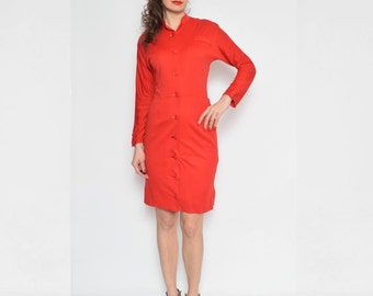 Vintage 80's Red Buttoned Long Sleeve Midi Dress