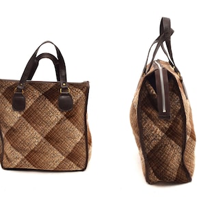 Bolso grande vintage de terciopelo marrón a cuadros de tela escocesa de los años 80, bolso de mano con doble asa