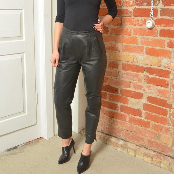Vintage 80s Black Leather Pants | High Waist Tapered Fit | Soft