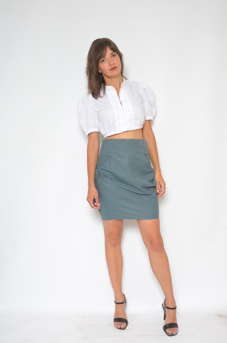 Linen Pocket Skirt / Vintage 90s High Waist Gray Shor Mini Skirt Size Small image 5