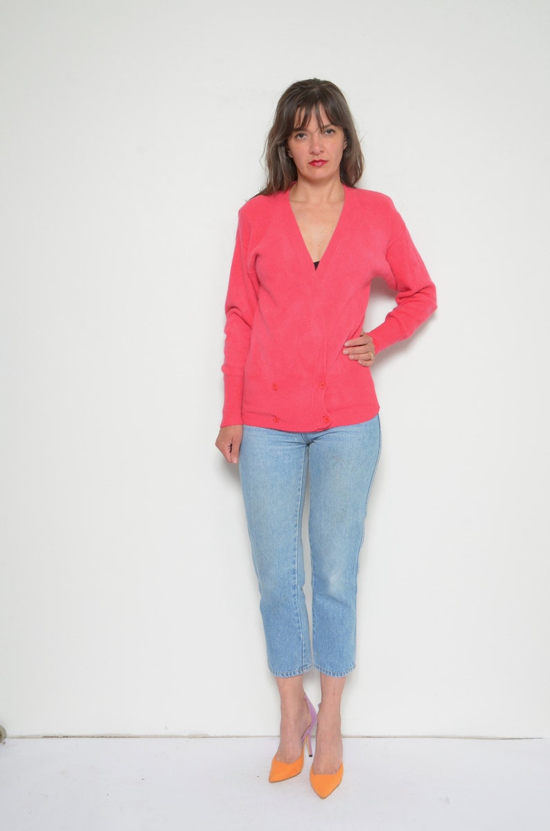 Angora Wool Cardigan / Vintage 80s Bright Pink Button Sweater Size Small image 2