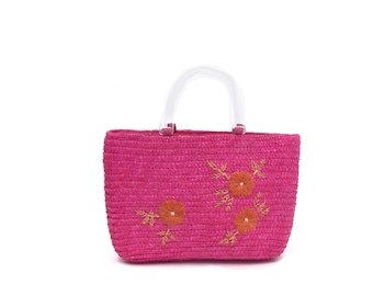 Vintage Hot Pink Strohhandtasche: Gestickte Blumen, Kunststoff Griffe