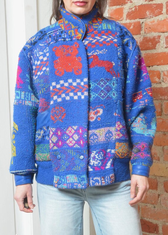 Vintage 90s Mitos Patchwork Knit Jacket Blue Folk… - image 9