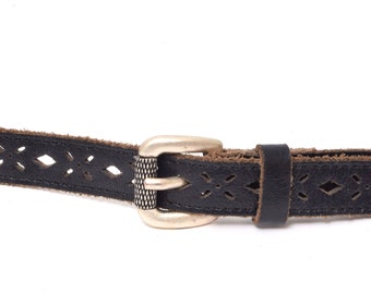 90s Black Genuine Leather Silver Floral Embellished Buckle  display picture 3