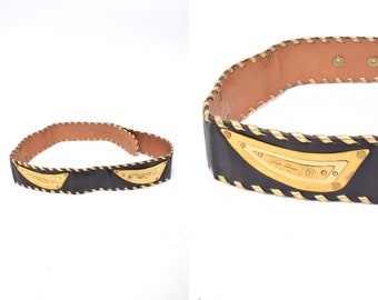 Vintage 90's Wide Black Real Leather Belt with Gold Metal Ornaments and Woven Gold Leather Edges