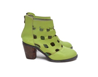 Lime Green Leather Cutout Ankle Boots Wooden Heel Zip Back Size 38