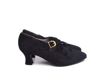 Vintage Studio Emilio Ferrari Black Suede Heels - Crisscross Strap Mary Janes - Size UK 5