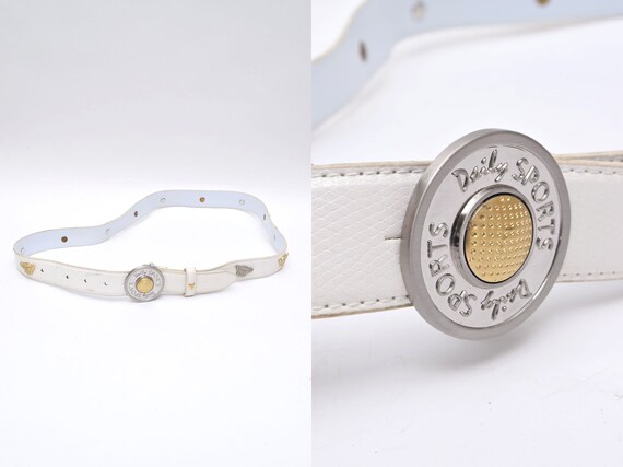 Vintage White Leather Belt With Round Silver Metal Buckle 