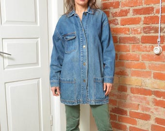 Vintage 90s Perry Ellis Denim Jacket | Oversized Plaid Lined Jean Coat