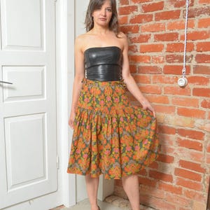 Vintage 80s Floral Ruffle Midi Skirt – Size XS, Autumn Tones