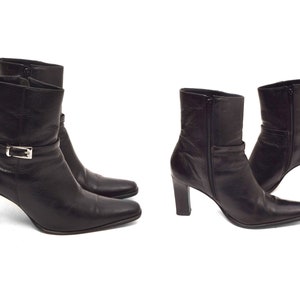 Vintage 90's Black Leather High Heel Chunky Ankle Boots Pointy Toe with Side Zippers and Silver Buckles Size 6.5 US