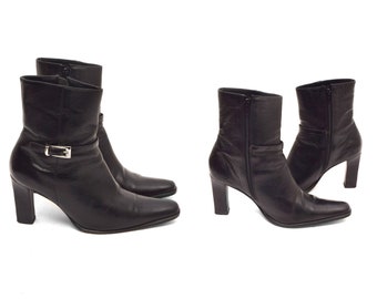 Vintage 90s Black Leather Ankle Boots: Chunky Heel, Pointy Toe, Size 6.5 US
